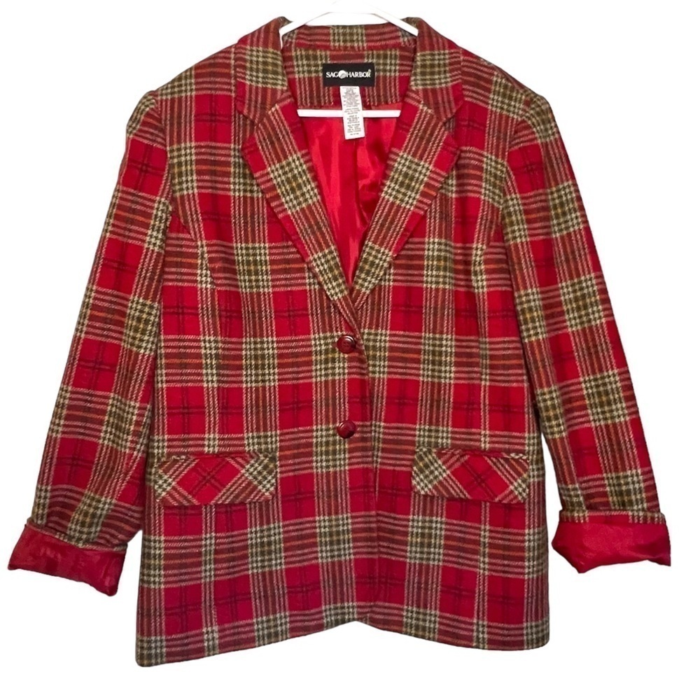 Vintage Sag Harbor Plaid Wool Blazer Red Green Size 16